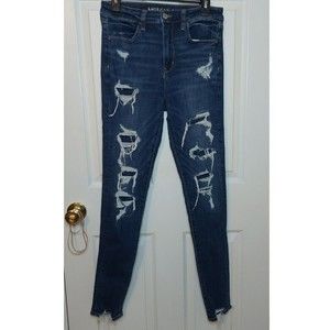 American Eagle Distressed Super Hi Rise Jeggings Raw Fringe Hem Dark Wash Sz 6 L